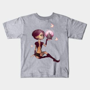 Little fairy looks at a glass sphere with a castle Kids T-Shirt